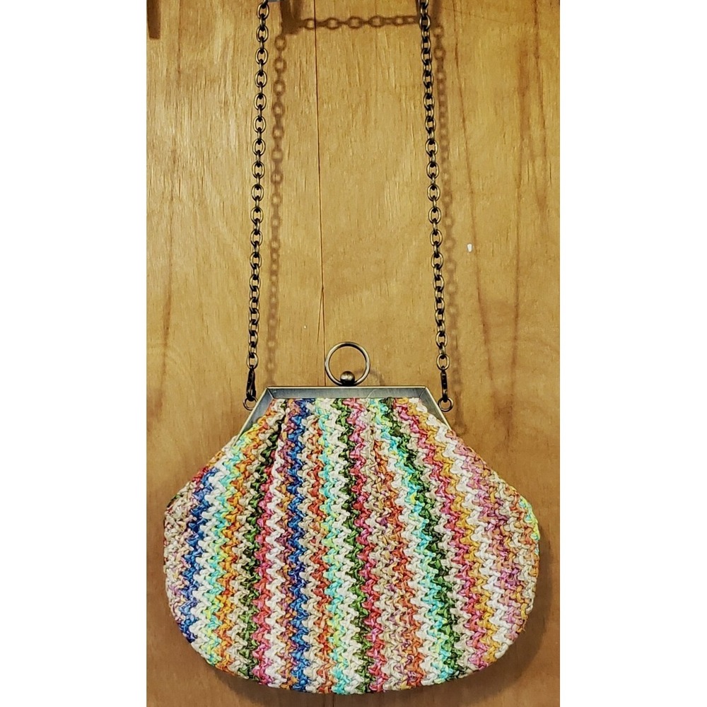 70's Style Straw Rainbow Handbag/ Clutch with metal chain arm strap.